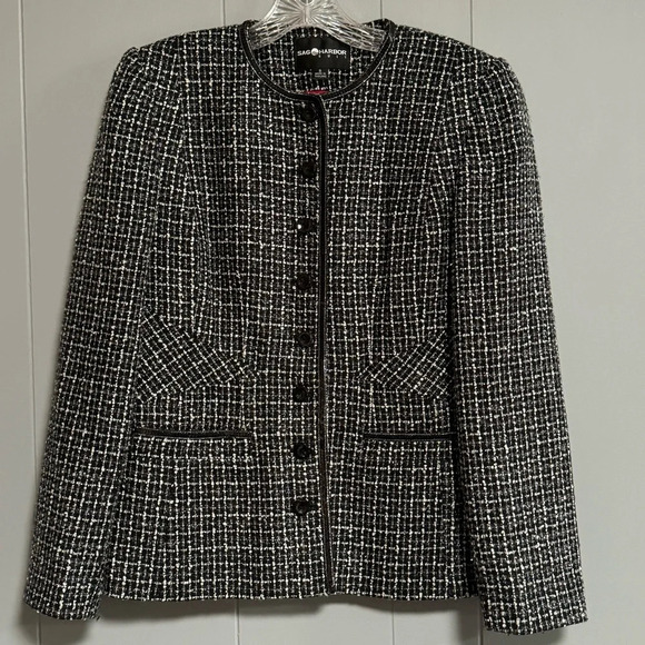 SAG HARBOR Black White Metallic Silver Woven Jacket / Blazer Sequin Trim Size 8 - Picture 1 of 11